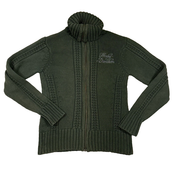 Harley Davidson Green Zip-Up Shawl Neck Sweater Women Size Large Cable Knit 2011 - Picture 1 of 10